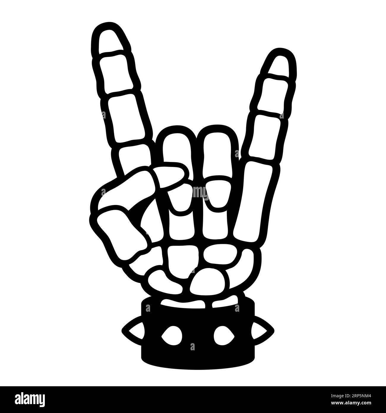 Scheletro che fa un segno di roccia. Gesto della mano heavy metal in stile fumetto. Mano appassionata di musica con braccialetto in pelle a spillo. Illustrazione vettoriale. Illustrazione Vettoriale
