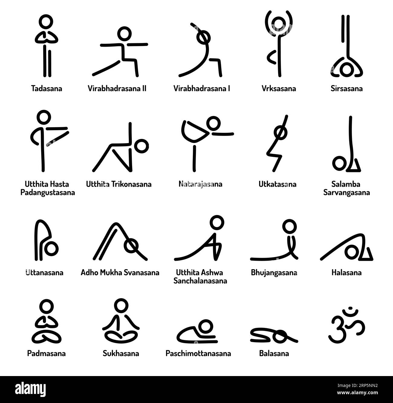 Semplice set di icone di linea per lo yoga stilizzato. Figure a bastone disegnate a mano in asana yoga, illustrazione vettoriale. Illustrazione Vettoriale