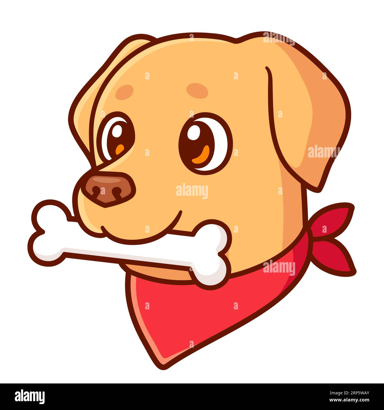 Divertente disegno di cane da cartoni animati con osso e bandana rossa. Carina illustrazione vettoriale Golden retriever. Illustrazione Vettoriale