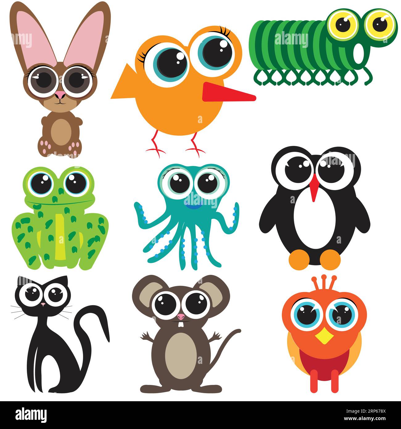 Figure di animali dal design piatto e carino; coniglio, betulla, verme, rana, polpo, pinguino; gatto; topo; uccelli con occhi enormi Illustrazione Vettoriale