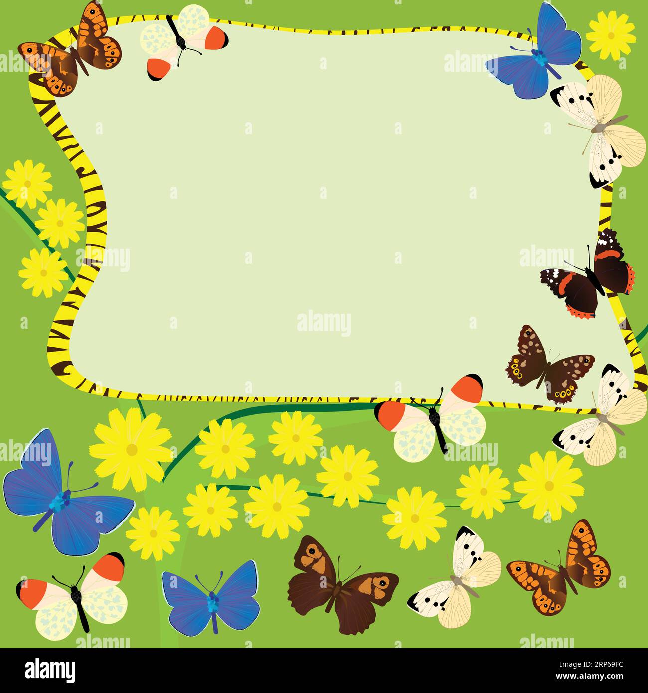 Tabellone di annunci ambientato su un ramoscello fiorito con farfalle intorno; splendido spazio copioso con fiori e farfalle intorno Illustrazione Vettoriale