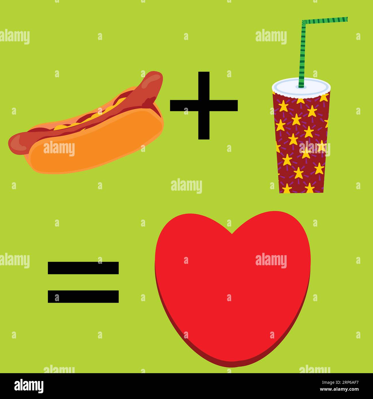 Illustrazione con hot dog , bevanda e cuore; illustrazione vettoriale; Illustrazione Vettoriale