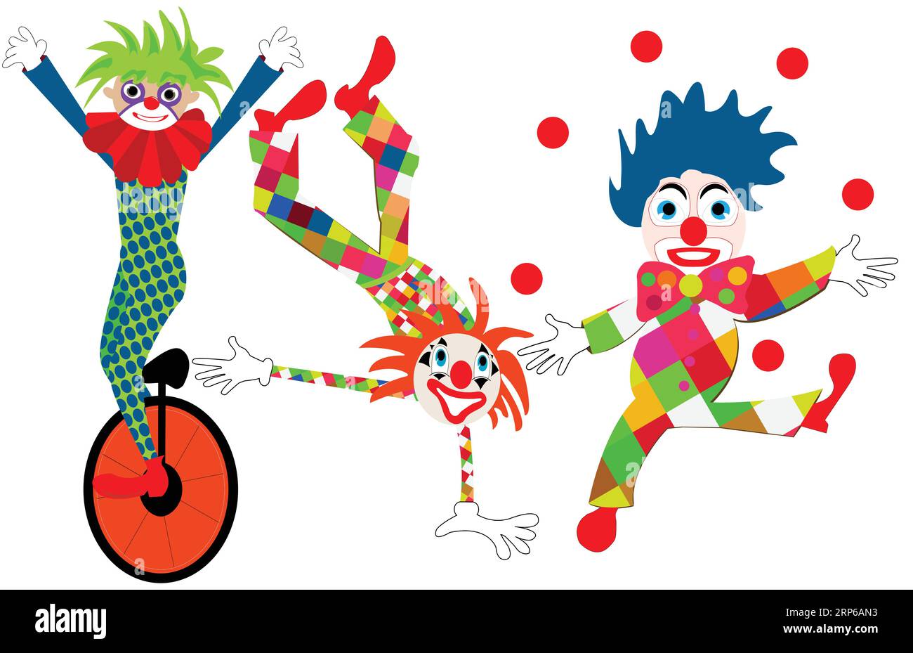 Personaggi clown che fanno trucchi; tre harlequins con attività diverse: Guidare un monociclo, in una mano e giocare con le palle rosse; Illustrazione Vettoriale