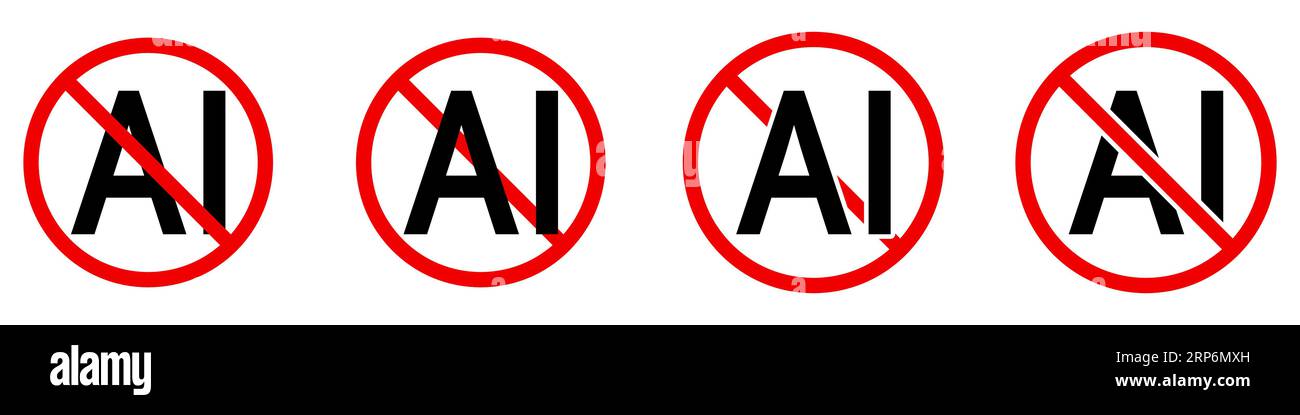 Nessun segno ai. Proibizione degli strumenti ai. Set di icone. Non utilizzare strumenti di intelligenza artificiale. Illustrazione vettoriale. Illustrazione Vettoriale