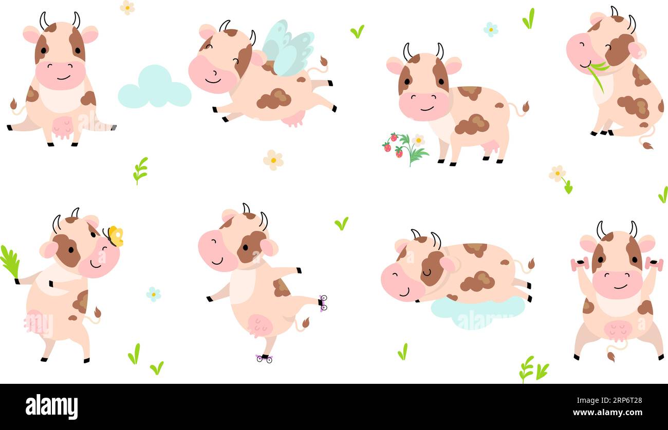Mucca da cartone animato. Mucche divertenti, animali in attività diverse. Personaggi di animali di mammiferi da latte. Bestiame isolato, set vettoriale di nowaday infantile Illustrazione Vettoriale