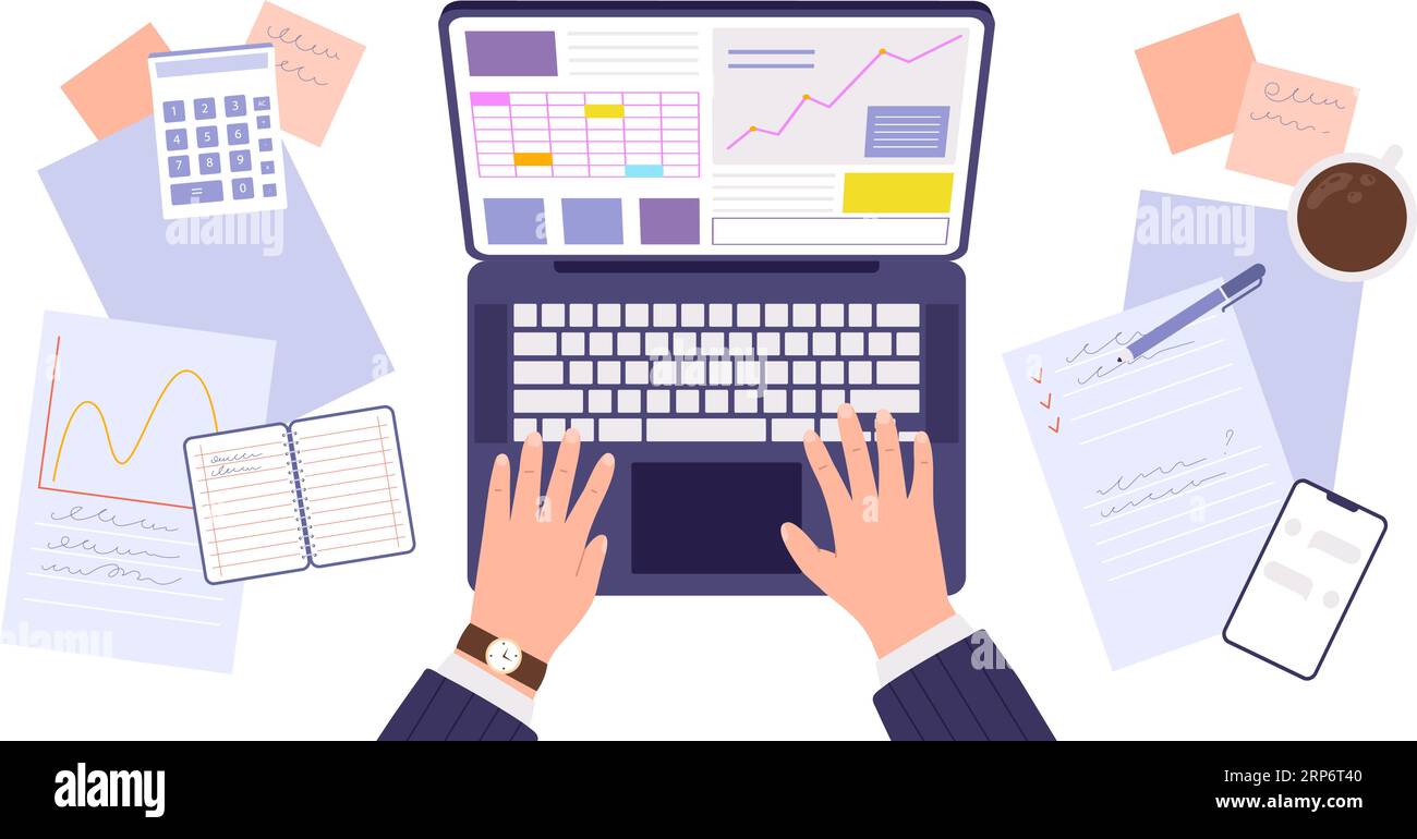 Uomo che lavora con un notebook. Connettiti alle tabelle di marketing e al commercio di finanza online. Processo di lavoro in ufficio, uomo d'affari aziendale e computer, scena vettoriale aderente Illustrazione Vettoriale