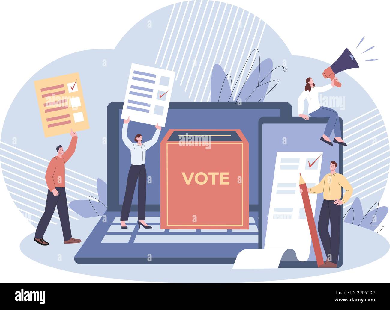 Votazioni online, sondaggi nei media o su Internet. Le persone votano il governo, le schede digitali. Elezioni politiche elettroniche, dichiarazioni o feedback kicky Vector Illustrazione Vettoriale