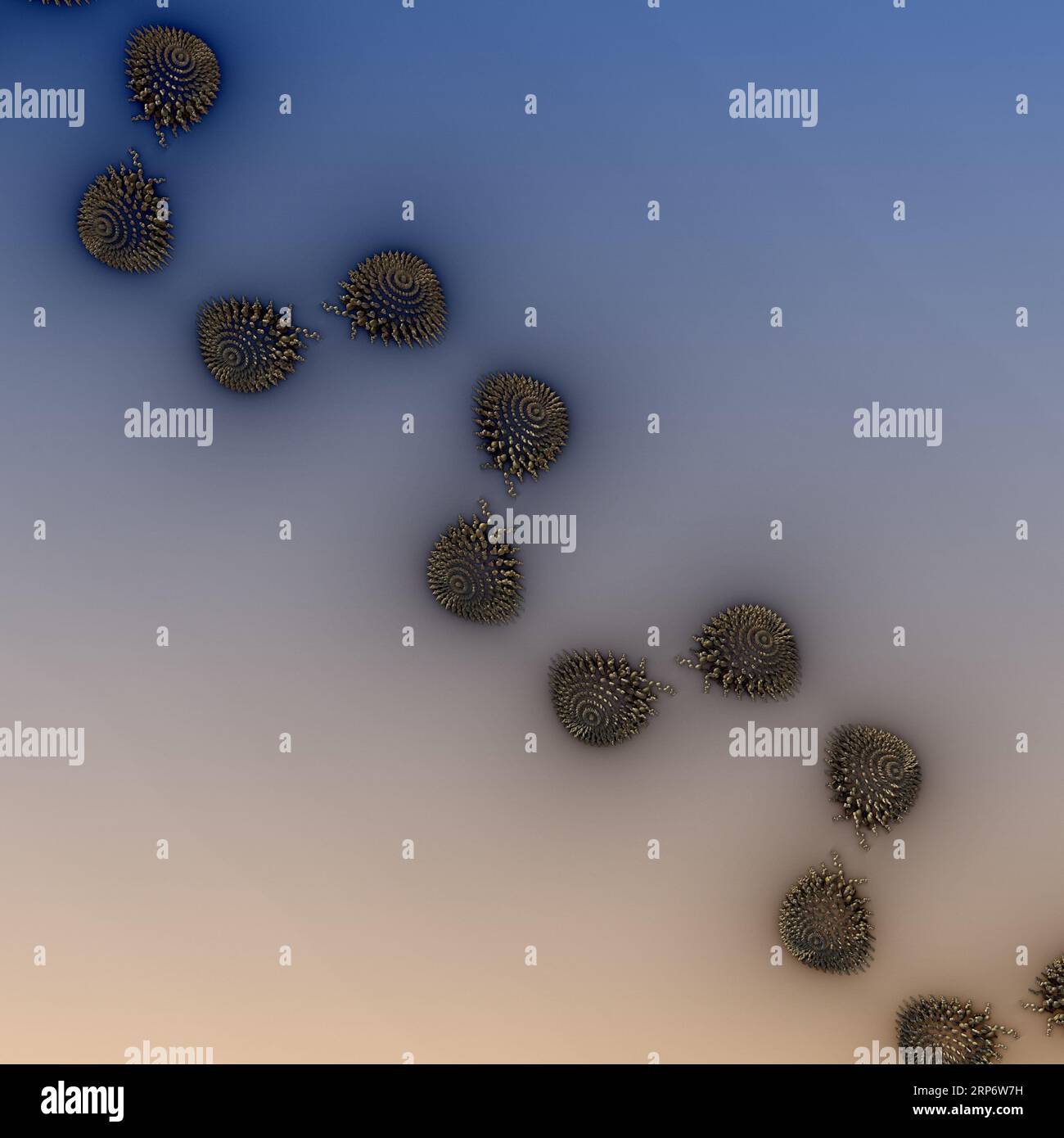 Oggetti frattali metallici astratti su sfondo blu e marrone. illustrazione 3d, rendering 3d. Foto Stock