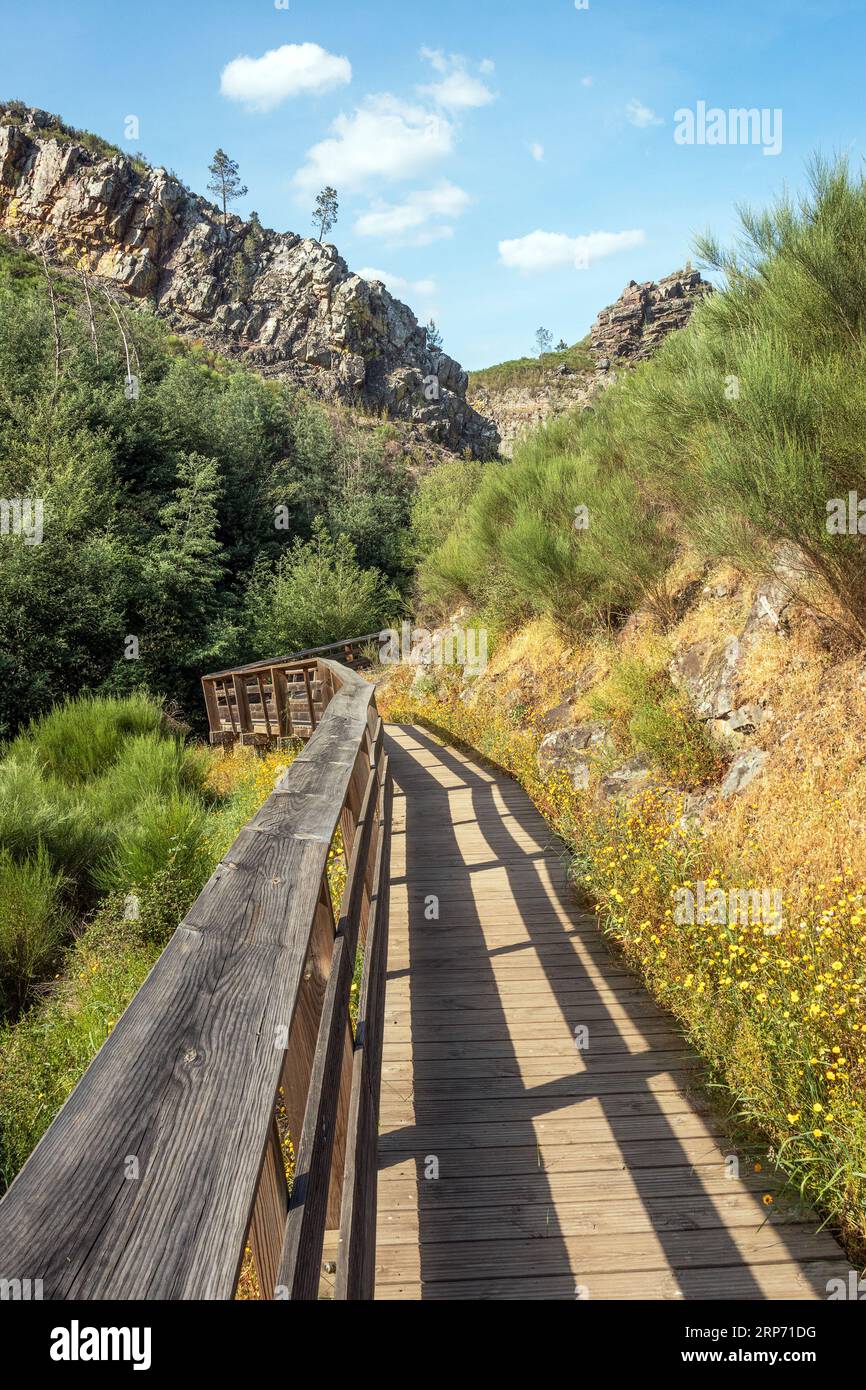 Vista delle passerelle Penedo Furado vicino a Vila de Rei in Portogallo, con le maestose scogliere sullo sfondo in una soleggiata giornata primaverile. Foto Stock