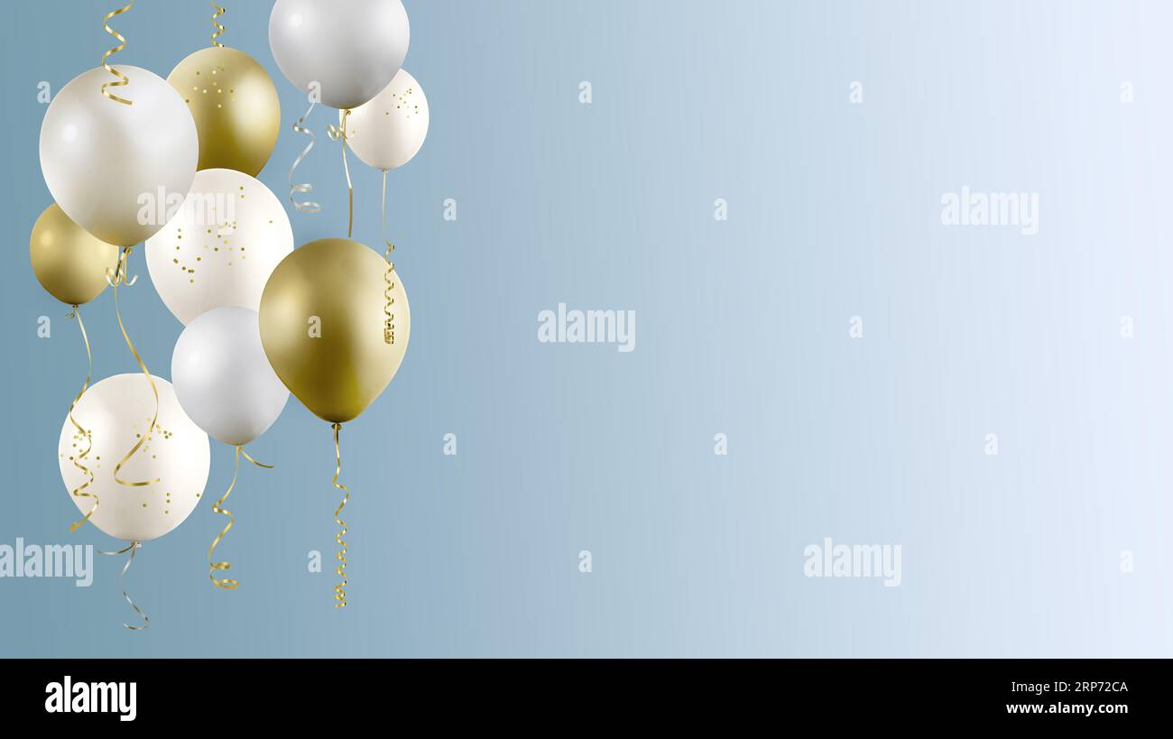 Palloncini dorati e argentati su sfondo blu. Foto Stock