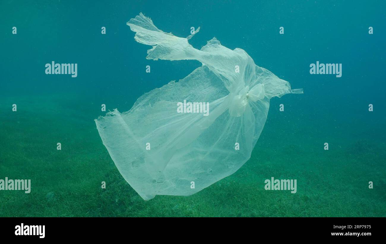 Vecchio sacchetto di plastica che si sposta nella colonna d'acqua sopra il prato di sabbia. Sacchetto di plastica galleggiante sott'acqua sulla profondità blu, inquinamento ambientale. Plastica Foto Stock