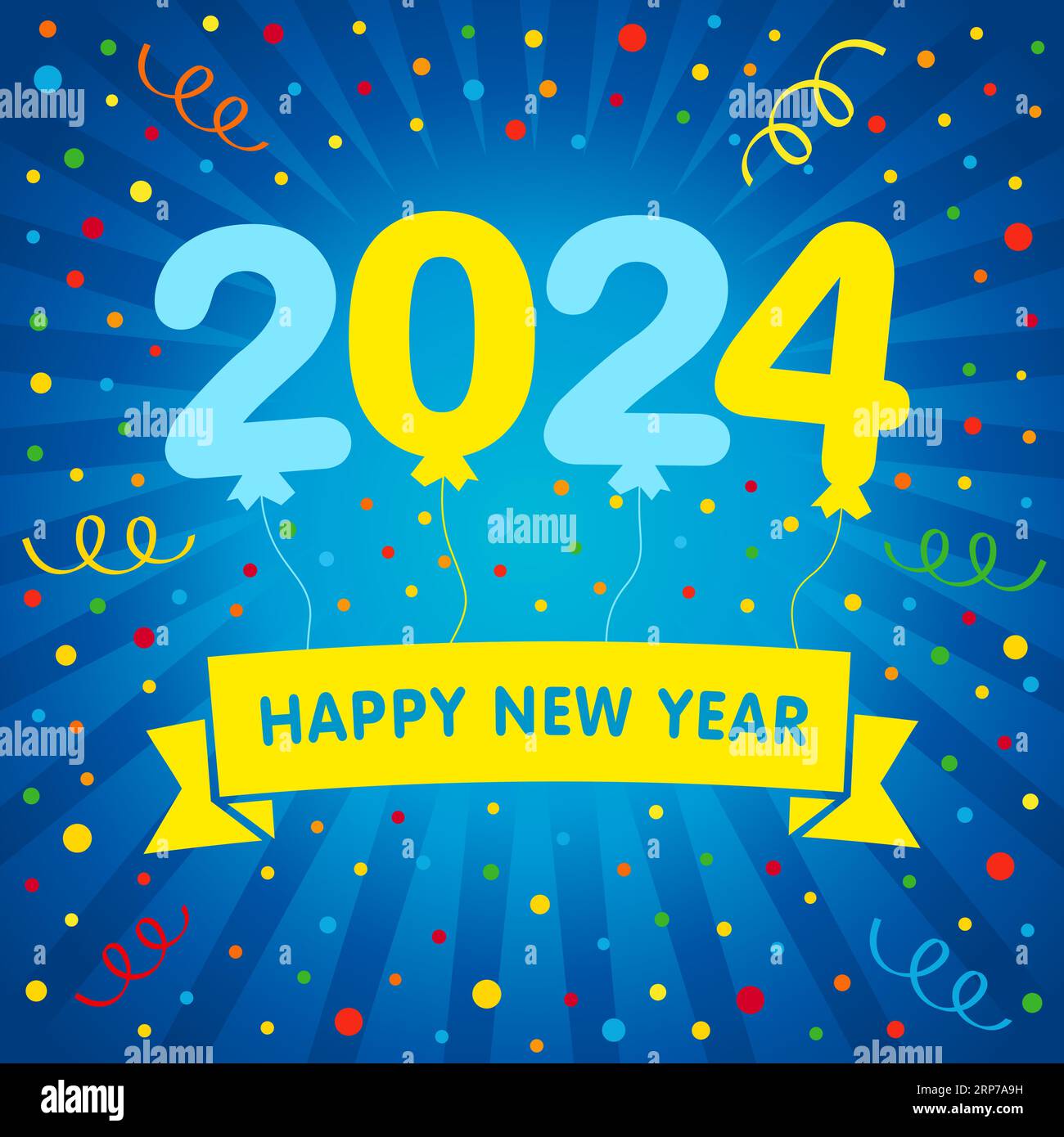 2024 palloncini di capodanno in colori ucraini e coriandoli. Simboli creativi per biglietti di auguri, poster o banner sui social media. Vettore Illustrazione Vettoriale