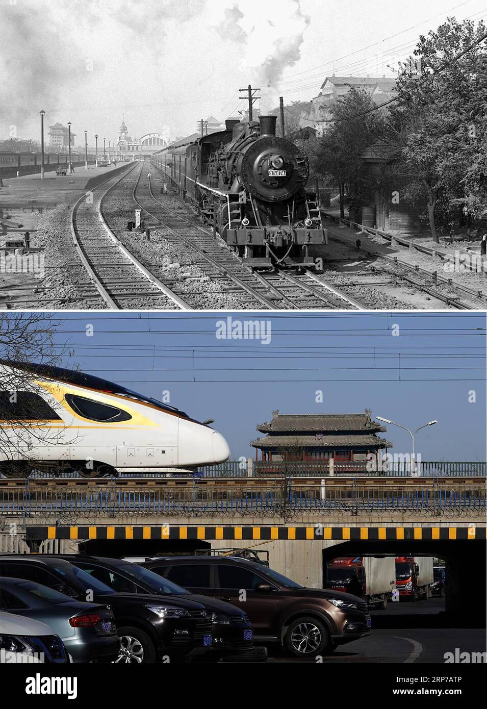 (190202) -- PECHINO, 2 febbraio 2019 () -- questa foto combinata mostra il primo treno diretto Pechino-Guangzhou in partenza dalla stazione ferroviaria di Pechino il 14 ottobre 1957 (in alto, foto scattata da Meng Qingbiao); e un treno proiettile Fuxing che passa per la torre del cancello di Yongdingmen mentre viaggia sulla ferrovia interurbana Pechino-Tianjin, 25 gennaio 2019 (in basso, foto scattata da Xing Guangli). La Cina sta vivendo i suoi 40 giorni speciali annuali o la corsa ai viaggi del Festival di Primavera, che è soprannominata come la più grande migrazione del pianeta, con 2,99 miliardi di viaggi da effettuare durante il periodo di 40 giorni di quest'anno. Durante questo periodo, centinaia di o. Foto Stock