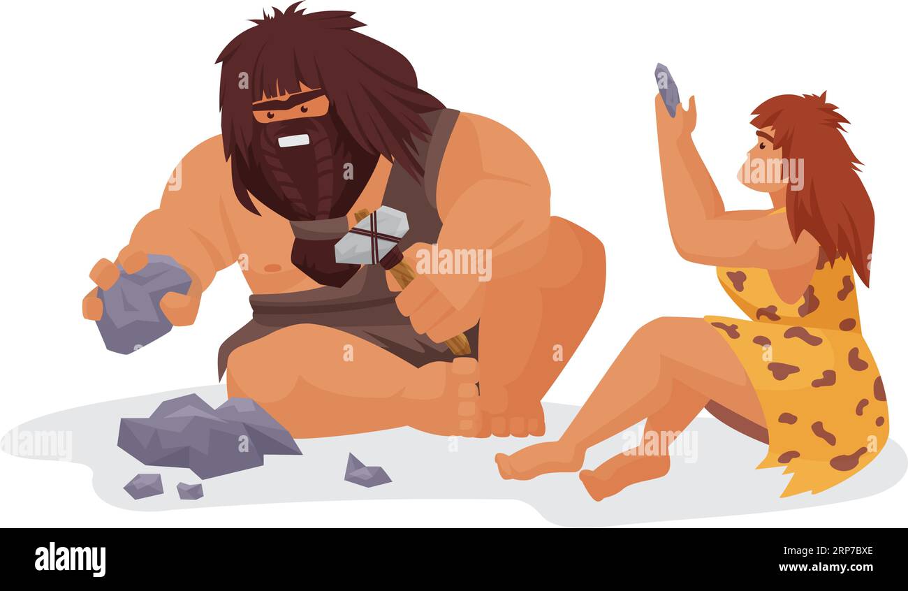 L'età della pietra si sposa con le rocce. Persone primitive, antiche illustrazioni vettoriali di cartoni animati di famiglia Illustrazione Vettoriale