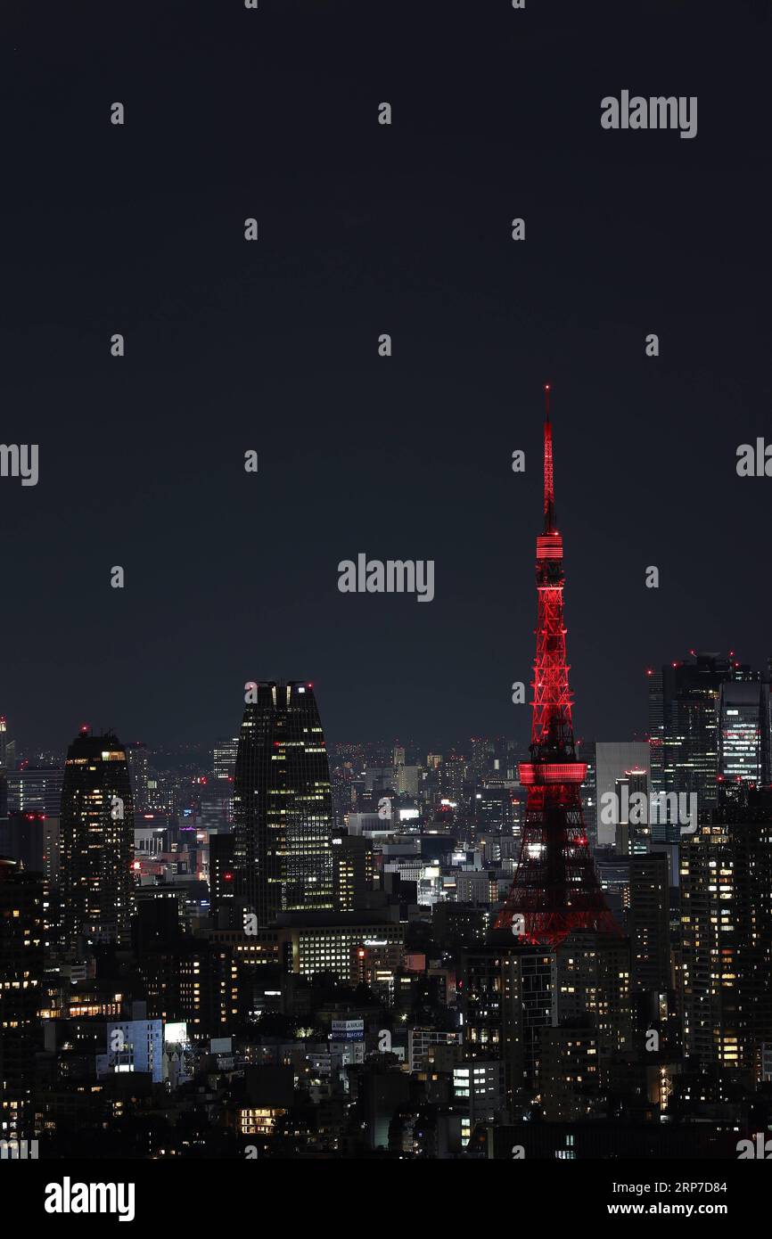 (190204) -- TOKYO, 4 febbraio 2019 (Xinhua) -- foto scattata il 4 febbraio 2019 mostra la Tokyo Tower illuminata di rosso per celebrare il capodanno cinese a Tokyo, in Giappone. (Xinhua/Du Xiaoyi) JAPAN-TOKYO TOWER-CHINESE NEW YEAR-CELEBRATION PUBLICATIONxNOTxINxCHN Foto Stock