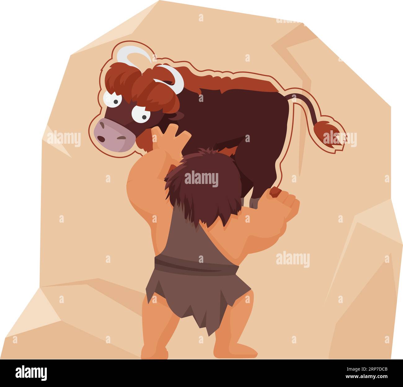 Caveman che disegna mucca sulla roccia. Persone preistoriche, stile di vita dell'età della pietra illustrazioni vettoriali di cartoni animati Illustrazione Vettoriale