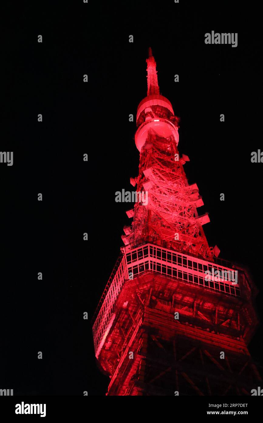 (190204) -- TOKYO, 4 febbraio 2019 (Xinhua) -- foto scattata il 4 febbraio 2019 mostra la Tokyo Tower illuminata di rosso per celebrare il capodanno cinese a Tokyo, in Giappone. (Xinhua/Du Xiaoyi) JAPAN-TOKYO TOWER-CHINESE NEW YEAR-CELEBRATION PUBLICATIONxNOTxINxCHN Foto Stock