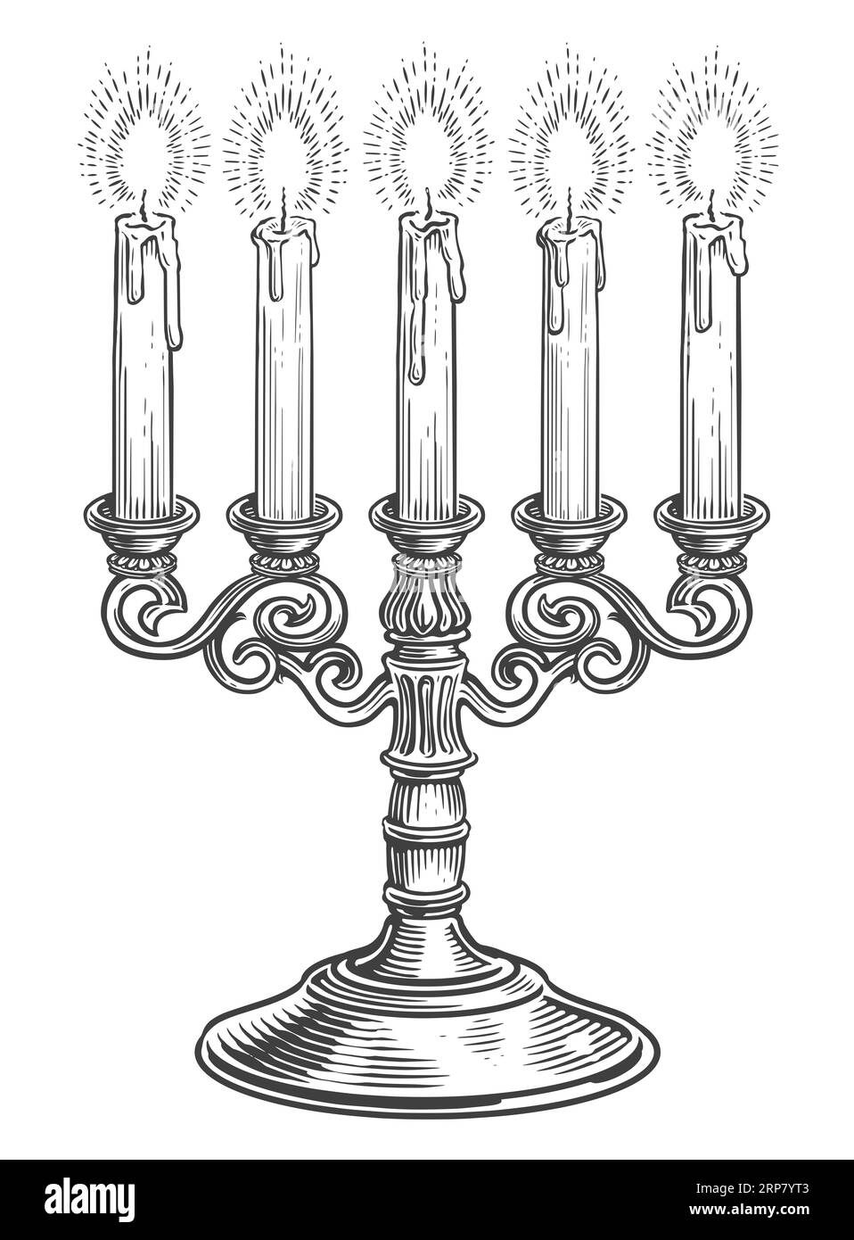Candelabra con cinque candele brucianti. Disegno disegnato a mano raffigurante un candelabro vintage Foto Stock