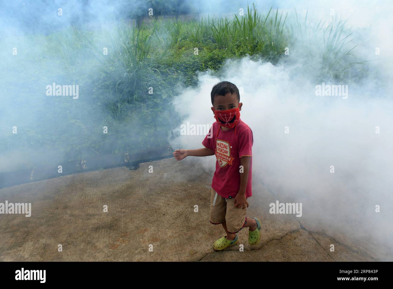 (190217) -- SOUTH TANGERANG, 17 febbraio 2019 -- Un ragazzo con una maschera cammina nella nebbia anti-zanzara al Cendana Residence a South Tangerang, Indonesia, 17 febbraio 2019. Il controllo del numero della popolazione adulta e larvale della zanzara era essenziale per ridurre la trasmissione dei virus della dengue. A partire dal 1° febbraio 2019, 15.132 casi di febbre dengue sono stati segnalati quest'anno in Indonesia, con un totale di 145 morti, secondo il ministero della salute. ) INDONESIA-TANGERANG MERIDIONALE-NEBBIA ANTI-ZANZARA AGUNGXKUNCAHYAXB. PUBLICATIONxNOTxINxCHN Foto Stock