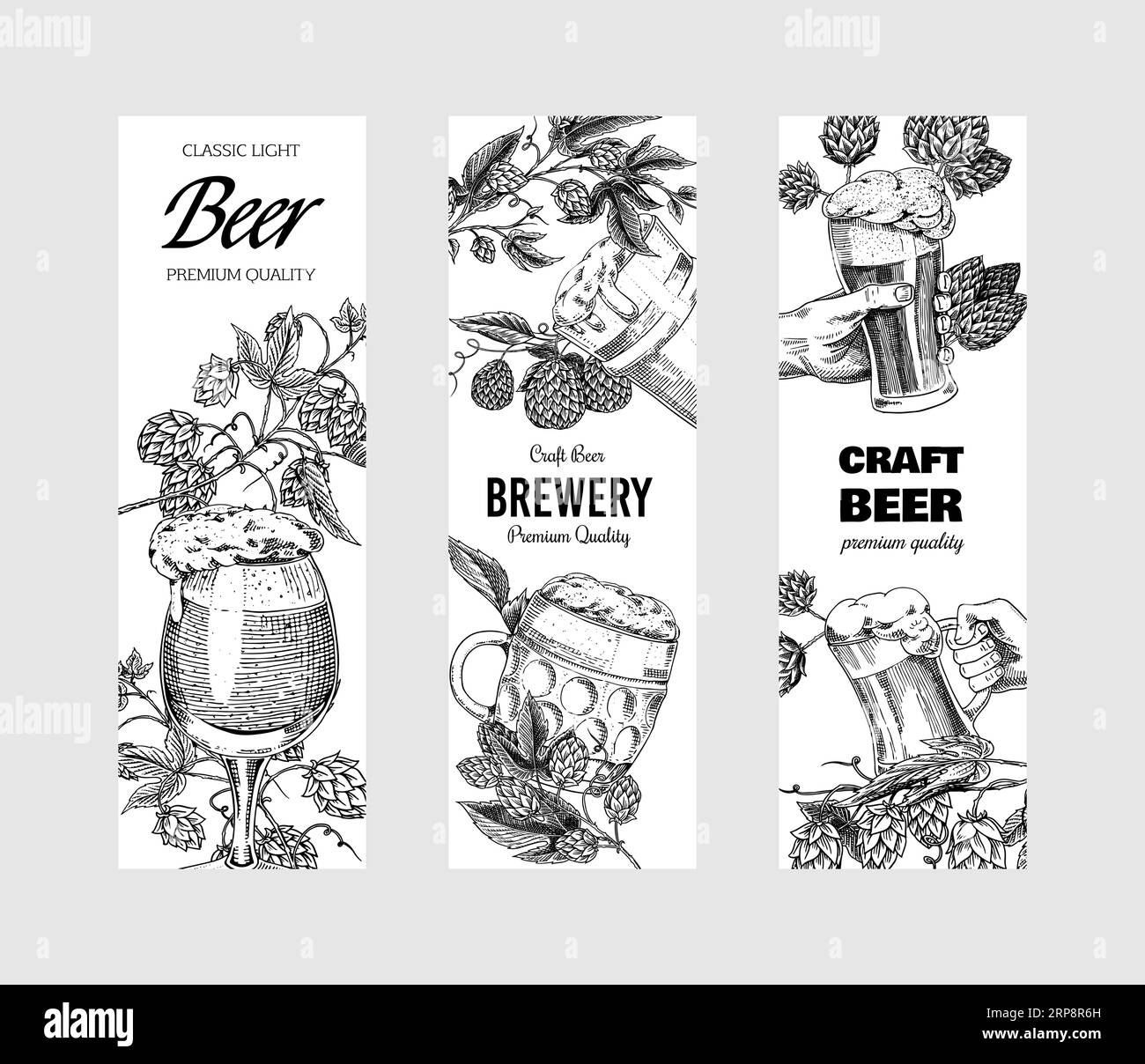 Coni di luppolo e orzo. Birra al malto per poster o striscioni. Vintage inciso. Schizzo disegnato a mano per il menu Web o pub. Elementi di design isolati su bianco Illustrazione Vettoriale