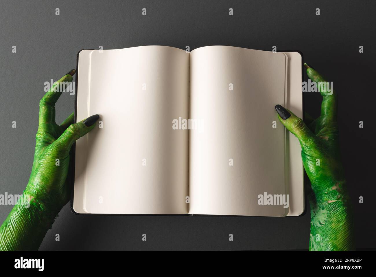 Lancette di mostri verdi che reggono il notebook con spazio per la copia su sfondo grigio Foto Stock