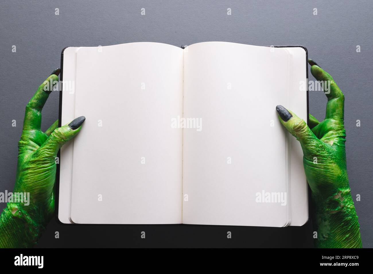 Lancette di mostri verdi che reggono il notebook con spazio per la copia su sfondo grigio Foto Stock