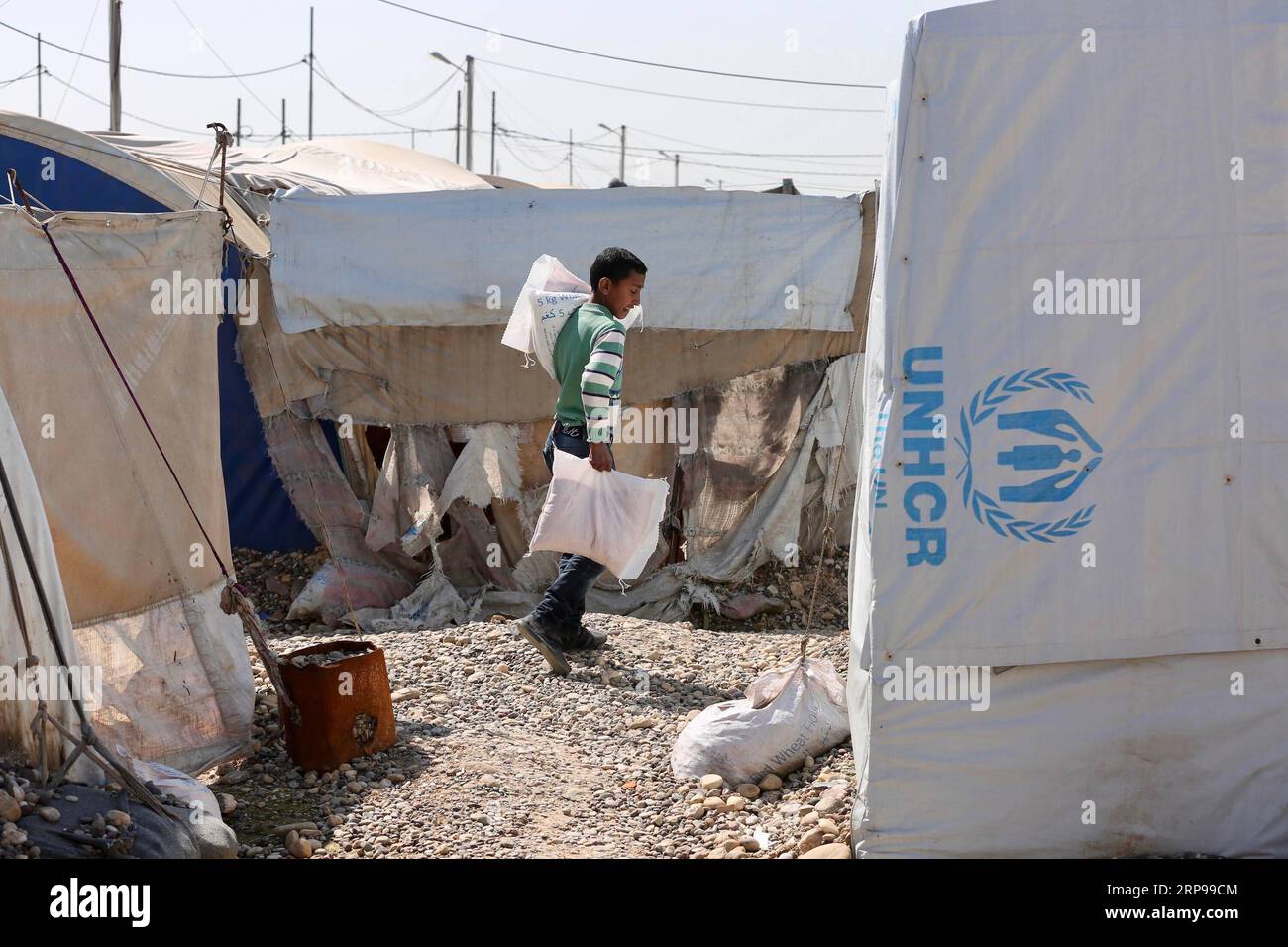 (190329) -- MOSUL, 29 marzo 2019 -- Un ragazzo porta cibo di soccorso nel campo di al-Salamiyah 1, circa 30 km a sud-est della città settentrionale dell'Iraq di Mosul, Iraq, 6 marzo 2019. Dopo più di un anno dalla vittoria militare contro i militanti estremisti dello Stato islamico (IS), centinaia di migliaia di sfollati interni iracheni (IDP) sono ancora bloccati nei campi, affrontando la carenza di cibo, mentre mancano opportunità di lavoro e servizi di base per tornare a casa. ) PER ANDARE CON la caratteristica: Iracheni sfollati bloccati nei campi, mancanza di opportunità di restituire IRAQ-MOSUL-IDP CAMPO KhalilxDawood PUBLICATIONxNOTxINxCHN Foto Stock
