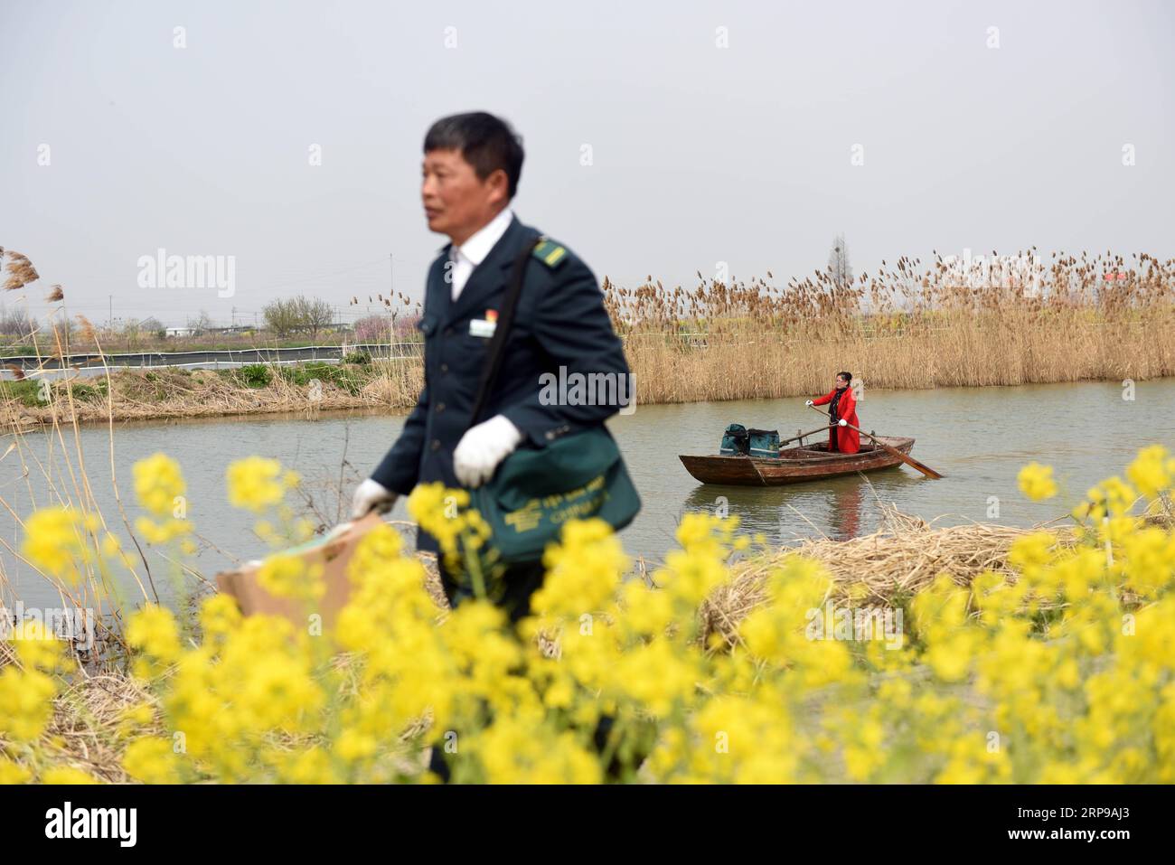 (190331) -- PECHINO, 31 marzo 2019 (Xinhua) -- Tang Zhenya consegna pacchi a terra e sua moglie Yan Ling (R) pagaie nel lago nel villaggio Xintan di Laozishan Town nel distretto di Hongze della città di Huai An, provincia di Jiangsu della Cina orientale, 30 marzo 2019. Il 55enne Tang Zhenya è un postino da 20 anni dal 1999. Per consegnare e-mail e pacchi a 11 villaggi di pescatori su 300 chilometri quadrati di lago, deve pagaiare in media 20 chilometri, a volte anche 40 chilometri al giorno. In 20 anni, ha percorso 200.000 chilometri per inviare 100.000 messaggi e-mail e pacchi. Ogni volta che è comodo Foto Stock