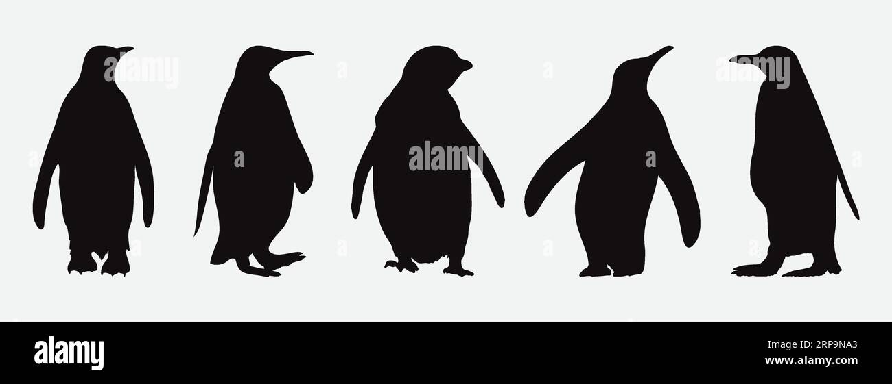 Affascinanti silhouette di pinguini, Una collezione completa di pinguini giocosi in varie pose ed espressioni Illustrazione Vettoriale