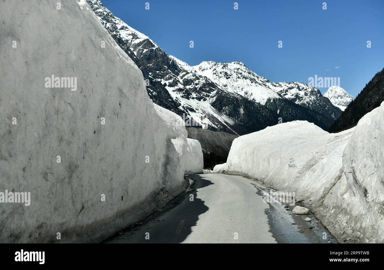 (190417) -- LHASA, 17 aprile 2019 (Xinhua) -- la foto scattata l'11 aprile 2019 mostra la strada pulita dopo la valanga per la contea di Medog, Nyingchi, nella regione autonoma del Tibet della Cina sud-occidentale. Medog, che significa loto segreto in lingua tibetana, si trova a Nyingchi nel Tibet sud-orientale. Essendo sulla parte inferiore del fiume Yarlung Zangbo e a sud dell'Himalaya, la contea di Medog vanta incredibili paesaggi naturali grazie alla sua posizione geografica unica. Prima dell'apertura del traffico, le persone non potevano arrivare a Medog tranne che a piedi. Entrare e uscire da Medog e' stato un viaggio pericoloso. F Foto Stock