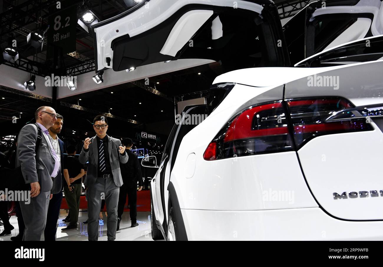 (190417) -- SHANGHAI, 17 aprile 2019 (Xinhua) -- i visitatori vedono un SUV Tesla durante la 18a Shanghai International Automobile Industry Exhibition a Shanghai, nella Cina orientale, 17 aprile 2019. (Xinhua/Fang Zhe) CHINA-SHANGHAI-AUTO SHOW-NEV (CN) PUBLICATIONxNOTxINxCHN Foto Stock