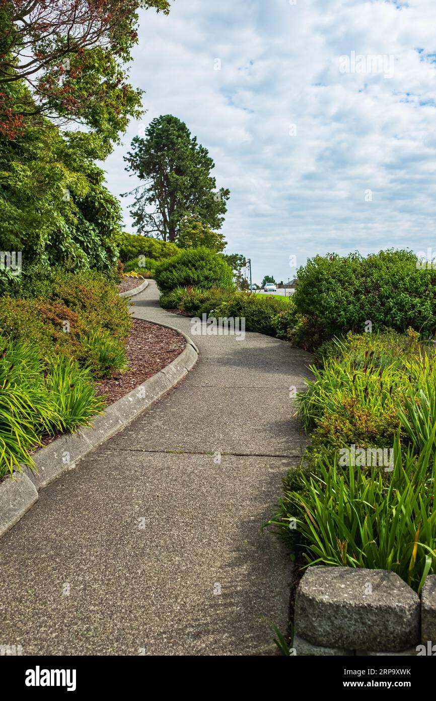 Particolare di un giardino botanico. Sentiero in pietra con erba che cresce lungo il giardino. Passerella nel giardino fiorito in estate. Sentiero per correre, camminare, cy Foto Stock