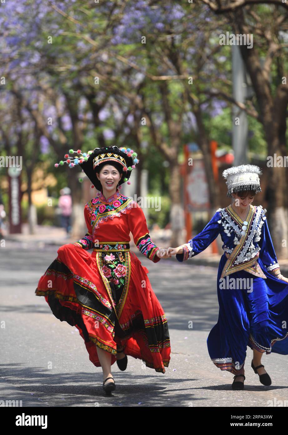 (190424) -- KUNMING, 24 aprile 2019 (Xinhua) -- due ragazze che indossano costumi etnici posa per una foto a Kunming, nella provincia dello Yunnan, nella Cina sud-occidentale, 24 aprile 2019. Jacaranda è entrata nella stagione dei fiori di recente. (Xinhua/Qin Qing) CHINA-YUNNAN-JACARANDA-BLOSSOMS (CN) PUBLICATIONxNOTxINxCHN Foto Stock