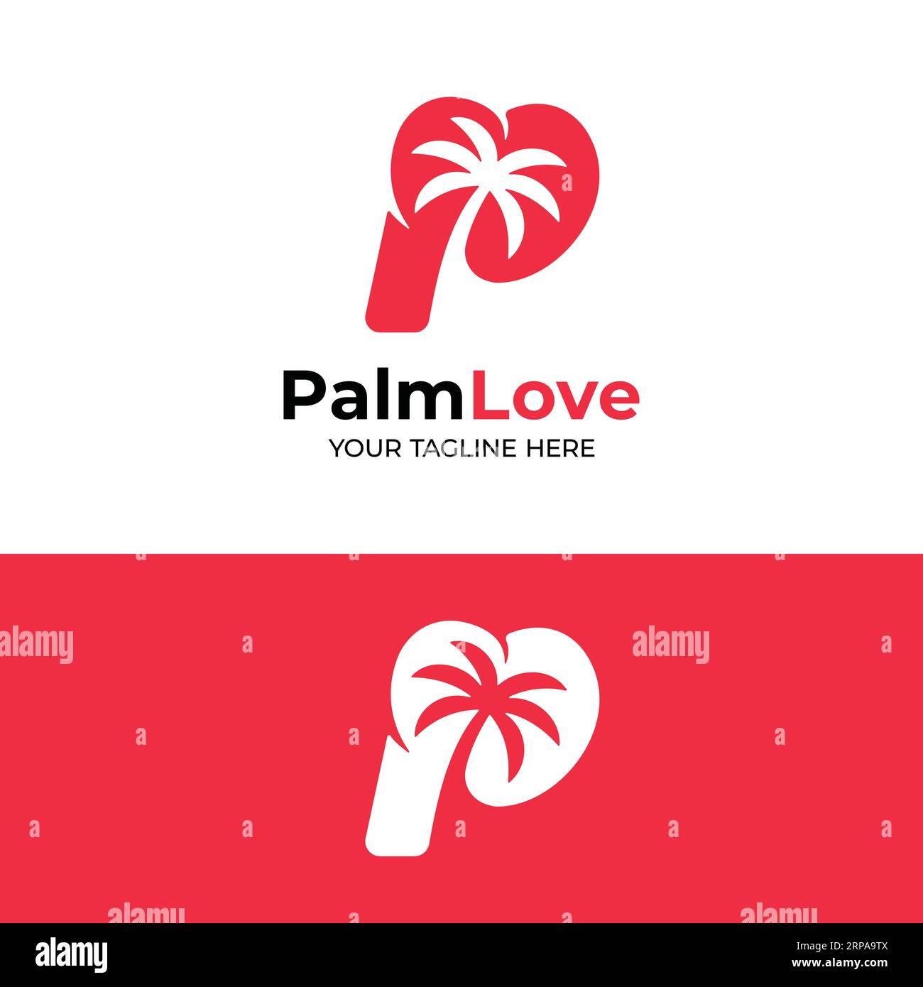 Lettera iniziale P con Palm Tree e Love for Coastal Beach Resort Tourism o romantico viaggio di nozze in stile solido moderno modello di design con logo Illustrazione Vettoriale