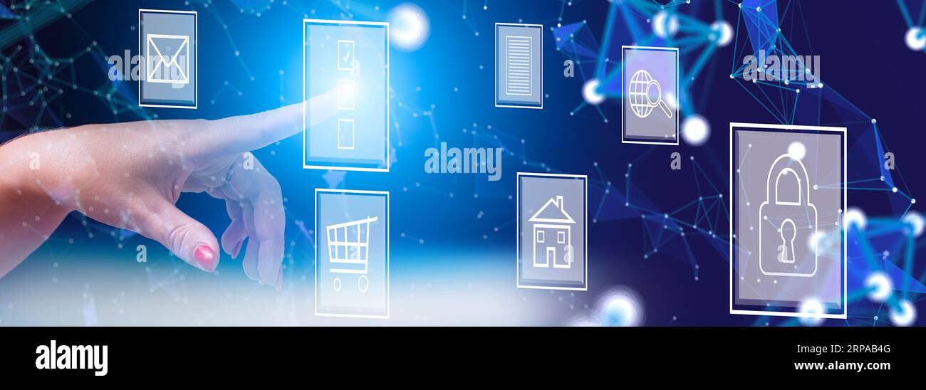 Metaversi il concetto di business, donna che utilizza un accordo virtuale touch con icone finanziarie e artificiali Foto Stock