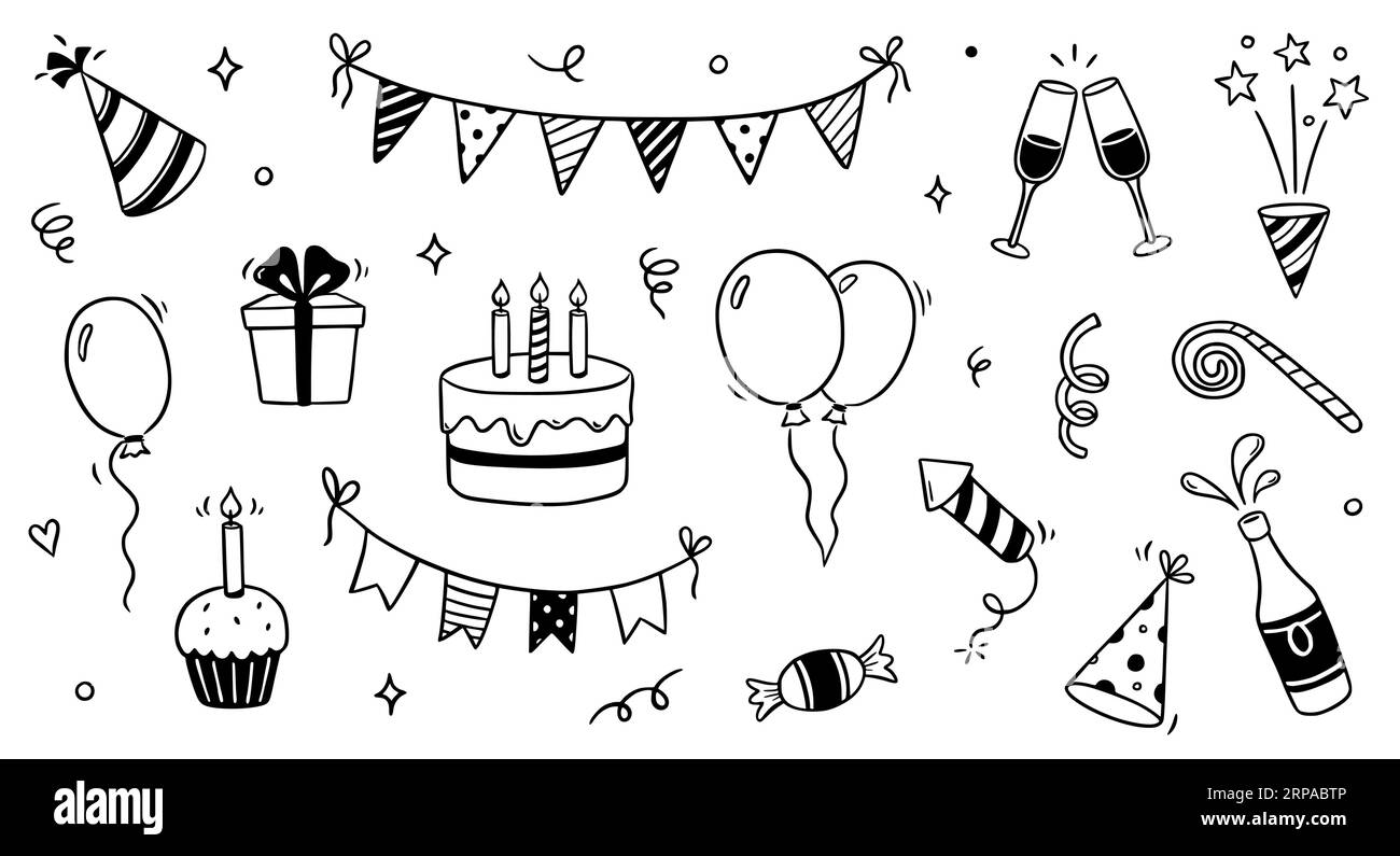 Elemento icona Doodle compleanno. Torta di compleanno, palloncini disegnati a mano, elemento decorativo per eventi. Feste, feste di carnevale. Illustrazione vettoriale Illustrazione Vettoriale
