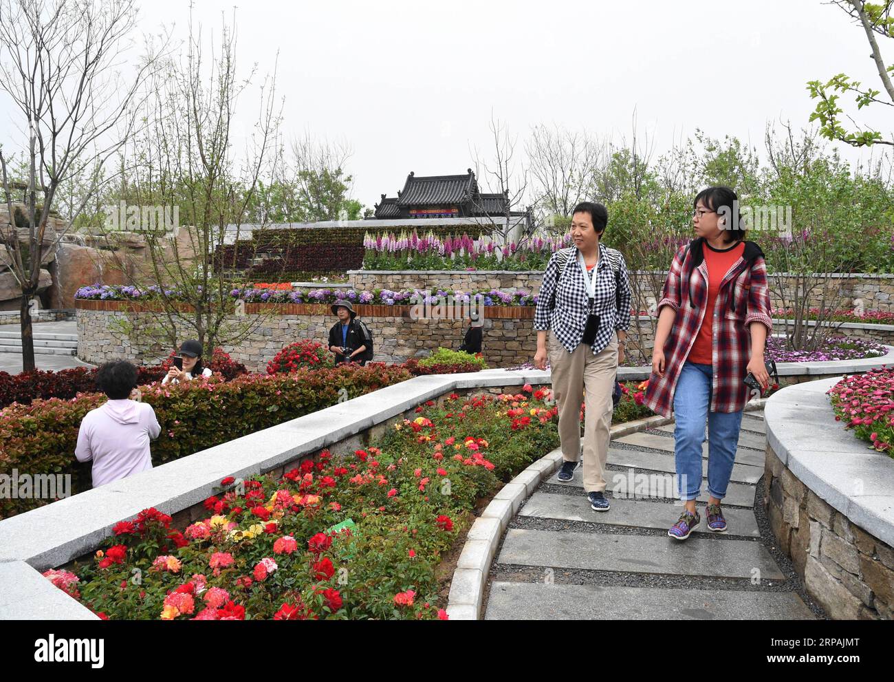 (190513) -- PECHINO, 13 maggio 2019 (Xinhua) -- i visitatori visitano lo Shanxi Garden alla Beijing International Horticultural Exhibition nel distretto Yanqing di Pechino, capitale della Cina, 12 maggio 2019. L'evento a tema dello Shanxi Day, che si è tenuto nell'ambito della mostra internazionale di orticoltura di Pechino, ha avuto inizio a Pechino il 12 maggio. Lo Shanxi Garden mette in mostra il suo impegno nell'ecologia e nel rimboschimento, nonché il suo concetto di sviluppo verde all'expo in corso. Non facendo più affidamento principalmente sulla sua industria carboniera per la crescita, Shanxi si è impegnata a sviluppare energia pulita e altre industrie emergenti Foto Stock