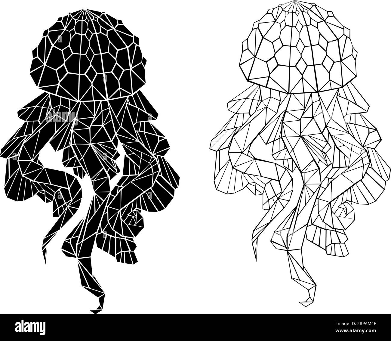Poligonale, contorno e silhouette, meduse disegnate artisticamente con lunghi tentacoli sfaccettati su sfondo bianco. Libro da colorare. Illustrazione Vettoriale