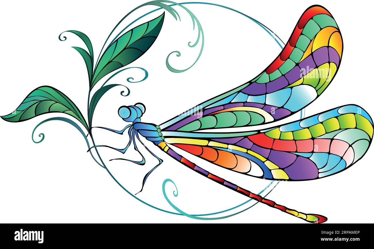 Seduto in un cerchio, disegnato artisticamente, libellula sagomata con ali ricurve, dettagliate e iridescenti con delicata pianta verde su sfondo bianco. Illustrazione Vettoriale