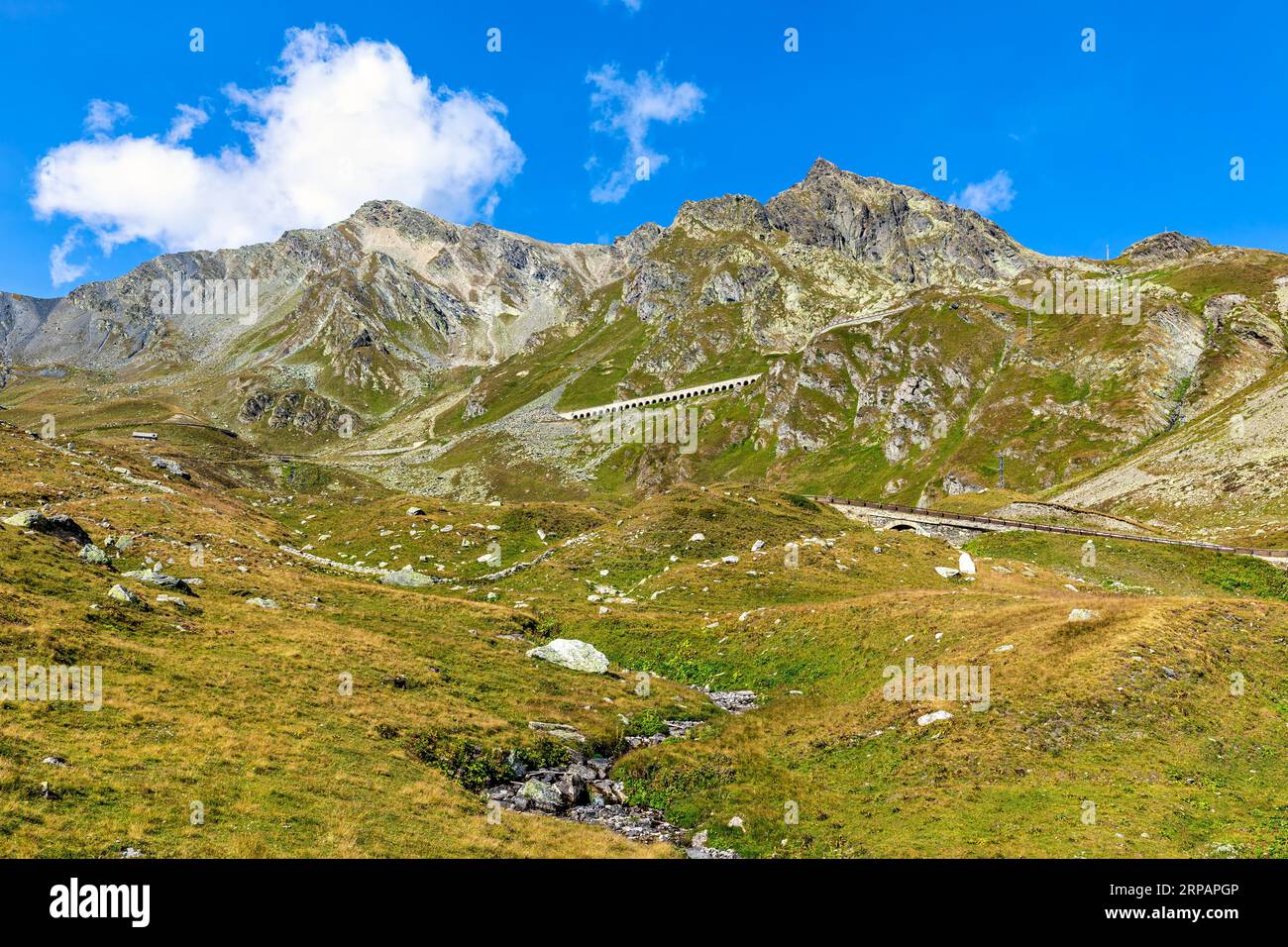 Pendii con erba verde e gialla come cresta di montagna sotto il cielo blu sullo sfondo vicino al passo del Gran San Bernardo in Valle d'Aosta, Italia. Foto Stock