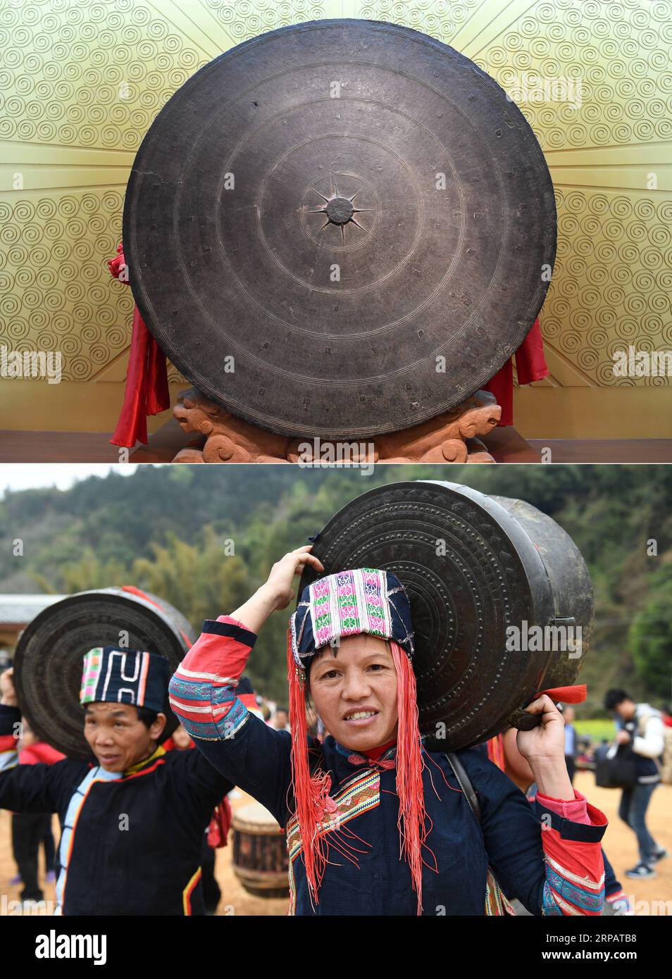 (190518) -- NANNING, 18 maggio 2019 (Xinhua) -- la foto combinata mostra un tamburo di bronzo esposto al Museo Antropologico del Guangxi a Nanning, nella regione autonoma del Guangxi Zhuang nella Cina meridionale, il 18 maggio 2019 (sopra), e persone che trasportano tamburi di bronzo per un evento al villaggio di Baying nella contea di Donglan, nella regione autonoma del Guangxi Zhuang nella Cina meridionale, il 28 febbraio 2017. (Xinhua/Lu Boan) CHINA-GUANGXI-NANNING-MUSEUM (CN) PUBLICATIONxNOTxINxCHN Foto Stock