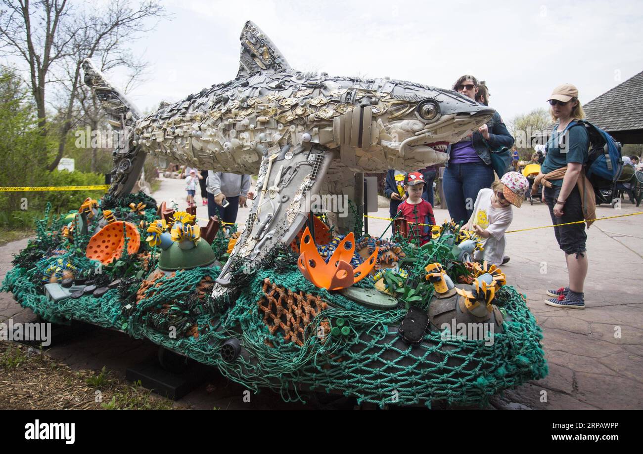 (190520) -- TORONTO, 20 maggio 2019 (Xinhua) -- la gente guarda l'installazione d'arte Silvertip Shark durante la mostra Washed Shore: Art to Save the Sea at the Toronto Zoo di Toronto, Canada, 19 maggio 2019. Iniziata nel fine settimana, la mostra unica di sei mesi era volta a mettere in guardia dagli effetti negativi e devastanti dell'inquinamento plastico, innescando cambiamenti positivi nelle abitudini dei consumatori. Tutte le installazioni d'arte sono state costruite completamente con plastiche raccolte dagli oceani e dai corsi d'acqua di tutto il mondo. (Xinhua/Zou Zheng) CANADA-TORONTO-ART EXHIBITION PUBLICATIONxNOTxINxCHN Foto Stock