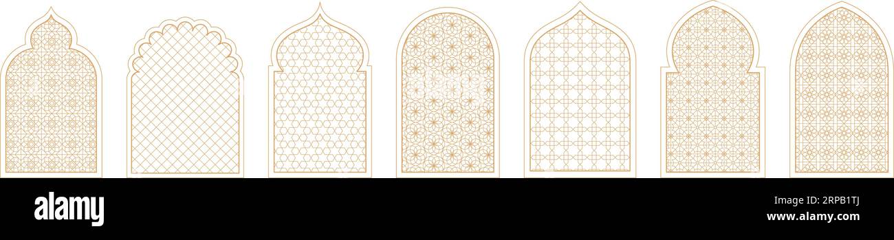 Finestre ad arco arabe, forme moschee elementi grafici dell'islam. Finestra decorativa araba, architettura musulmana decorata con un bellissimo design vettoriale Illustrazione Vettoriale