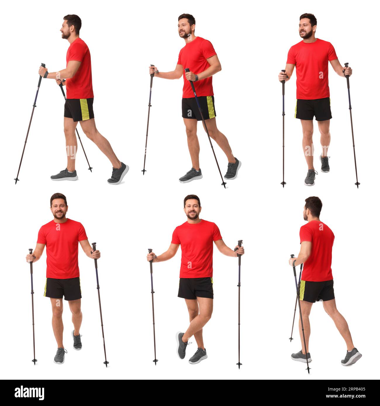 Uomo sportivo con bastoncini da nordic walking su sfondo bianco, collage con foto Foto Stock