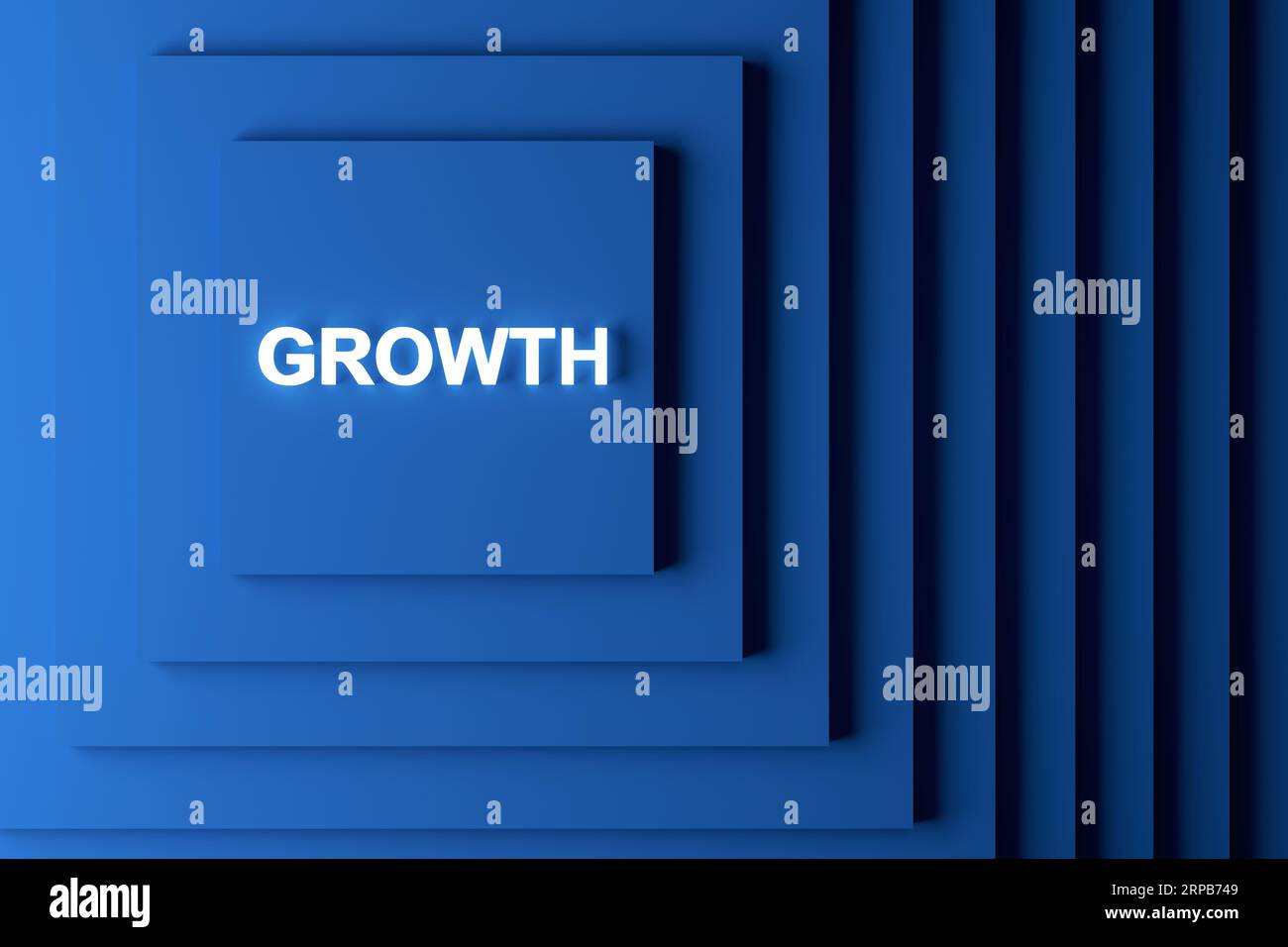 Scale piramidali blu con la parola crescita in alto. Concetto di crescita aziendale e successo. Rendering 3D. Foto Stock