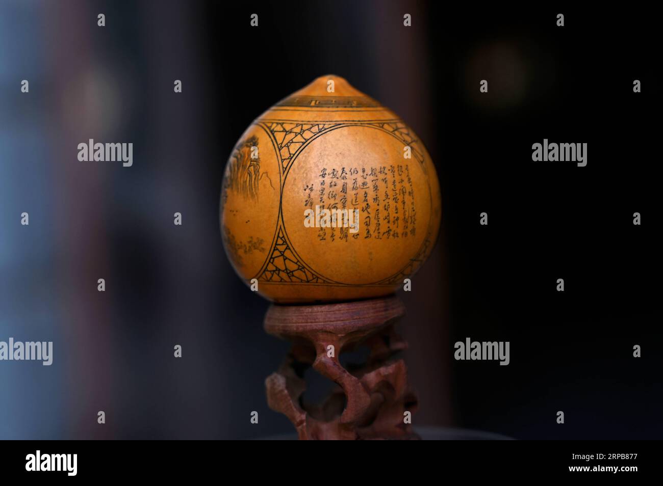 (190531) -- PECHINO, 31 maggio 2019 (Xinhua) -- la foto scattata il 31 marzo 2019 mostra una zucca scolpita, creata da Ruan Wenhui, un maestro di arti e mestieri cinesi, in uno studio di intaglio delle zucche a Lanzhou, nella provincia del Gansu della Cina nord-occidentale. Una zucca scolpita, come suggerisce il nome, è una zucca scolpita con paesaggi, ritratti, animali, calligrafia o poesie, e poi dipinta con inchiostro. Il processo di intaglio delle zucche include la scelta delle zucche, la pittura, l'incisione e la colorazione. Fu inserito nel primo gruppo di patrimoni culturali immateriali provinciali del Gansu nel 2006. La Cina ha istituito una c. Intangibile a livello nazionale Foto Stock