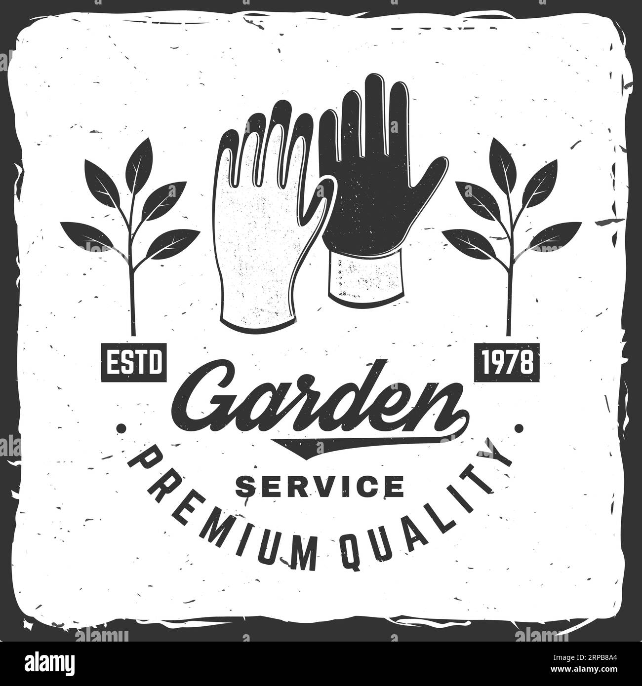 Emblema, etichetta, badge, logo dei servizi da giardino. Illustrazione vettoriale. Per cartelli, patch, design camicia con protezione per le mani in agricoltura, sicurezza per guanti da giardino Illustrazione Vettoriale