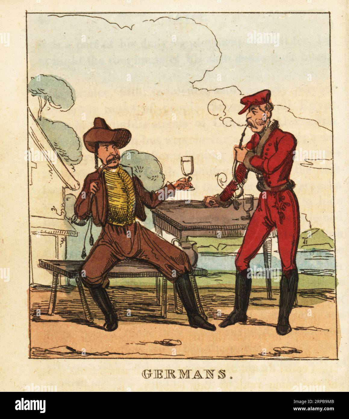 Uomini tedeschi che bevono birra in una locanda del XIX secolo. Sia con cappelli, giacche corte con finiture in pelliccia, gilet, pantaloncini e stivali. Entrambi fumano canne di tabacco Meerschaum. Incisione su copperplate a mano dal mondo in miniatura, o Panorama of the Costumes, Manners & Customs of All Nations, John Bysh, Londra, 1825. Foto Stock