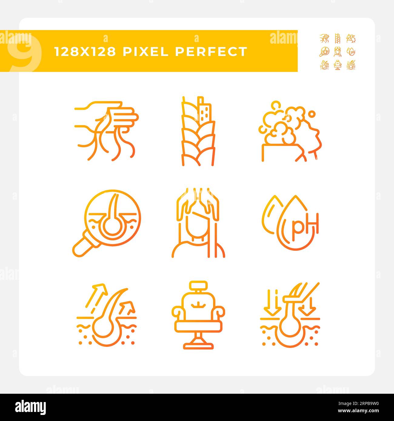 Icone delle linee per la cura dei capelli in pixel Perfect Gradient Illustrazione Vettoriale