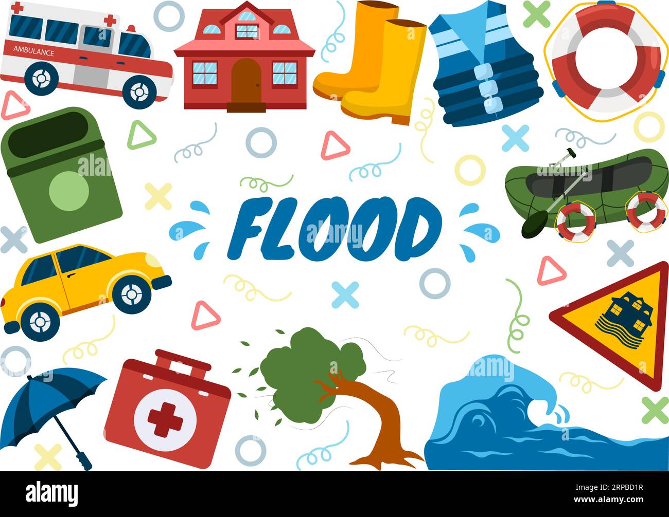 L'illustrazione vettoriale delle inondazioni della tempesta ha seminato il caos e inondato la città con case e auto che affondano in modelli di sfondo di cartoni animati piatti Illustrazione Vettoriale